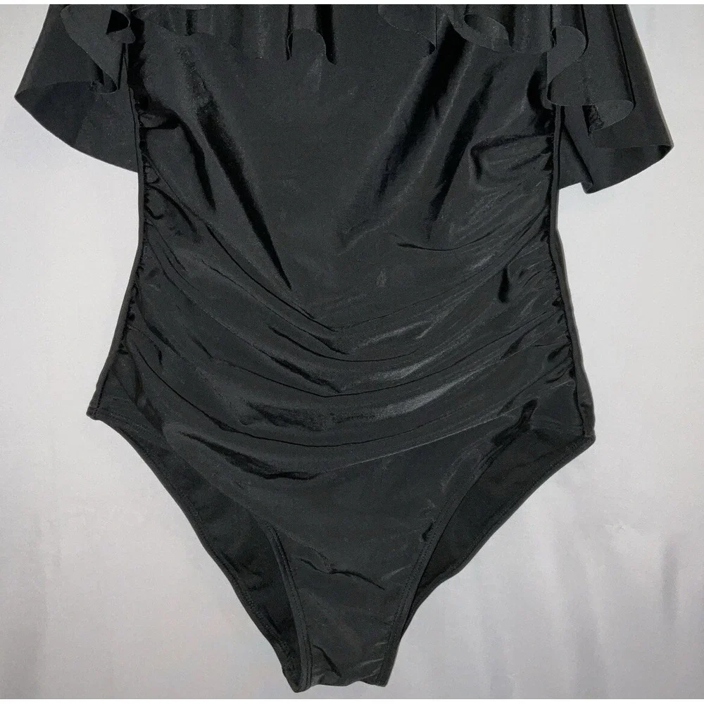 NWT Women's Smismivo‎ One Piece Ruffle Flounce Ruched Swimsuit Black - Small